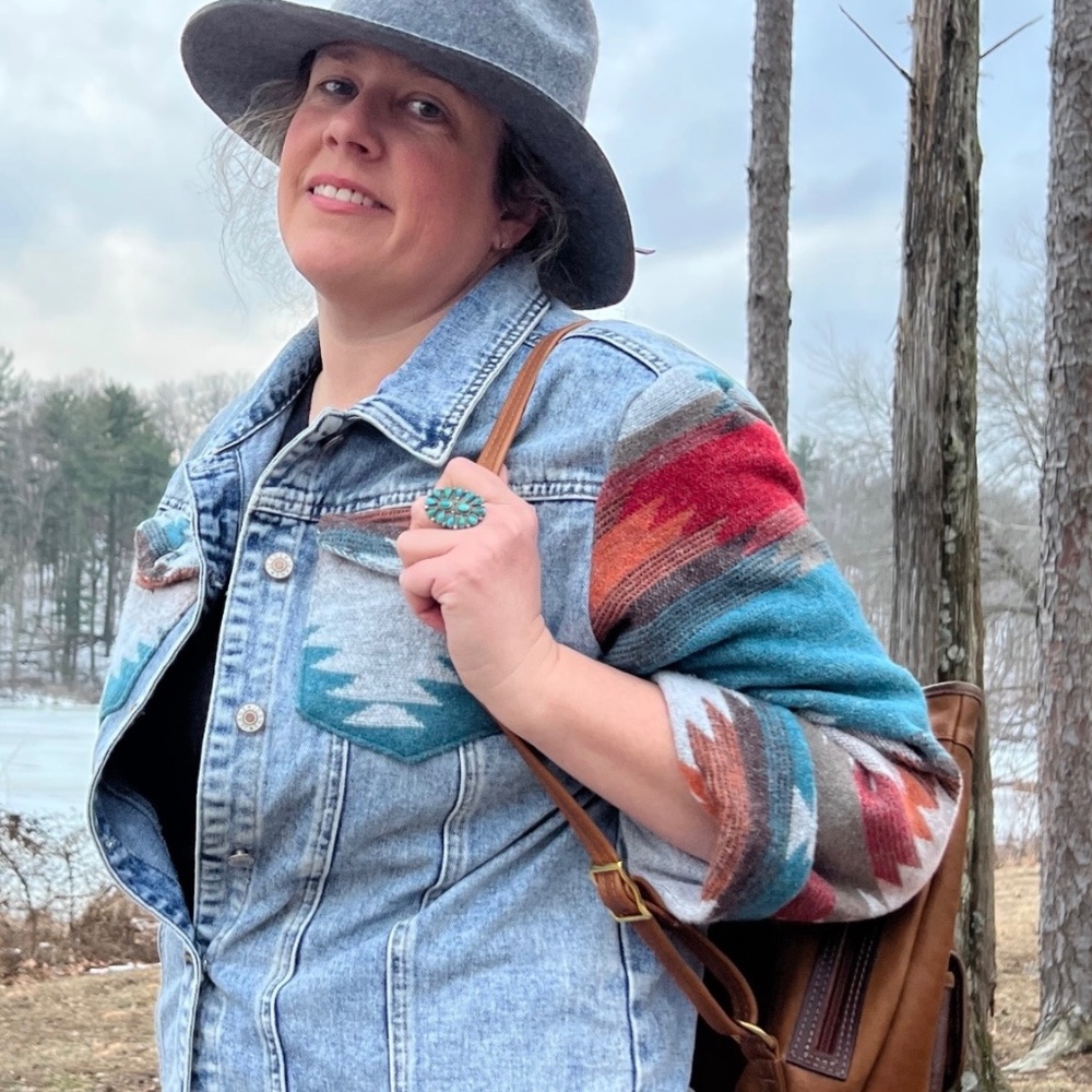 Southwestern Aztec Blanket Sleeve Denim Jacket Size M Boho Western